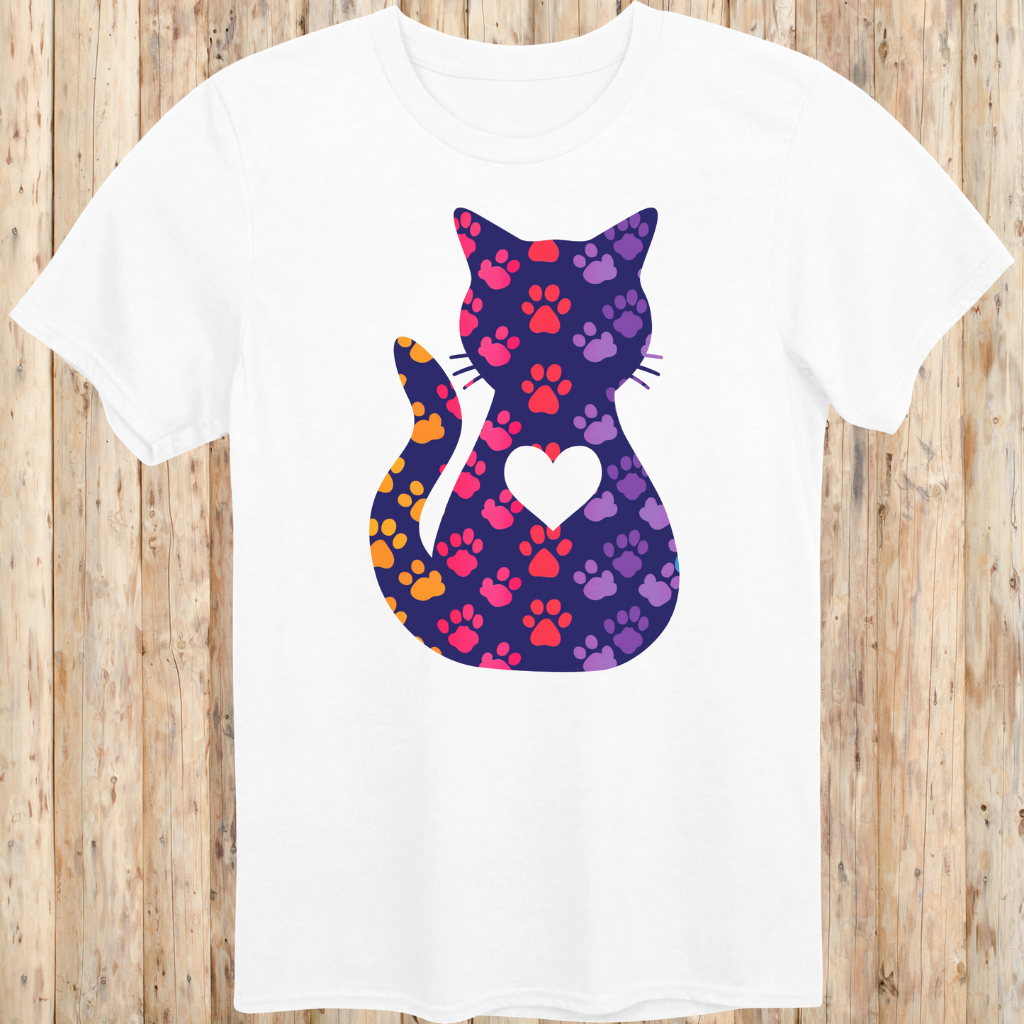 Colorful Cat Silhouette with Paw Prints T-Shirt