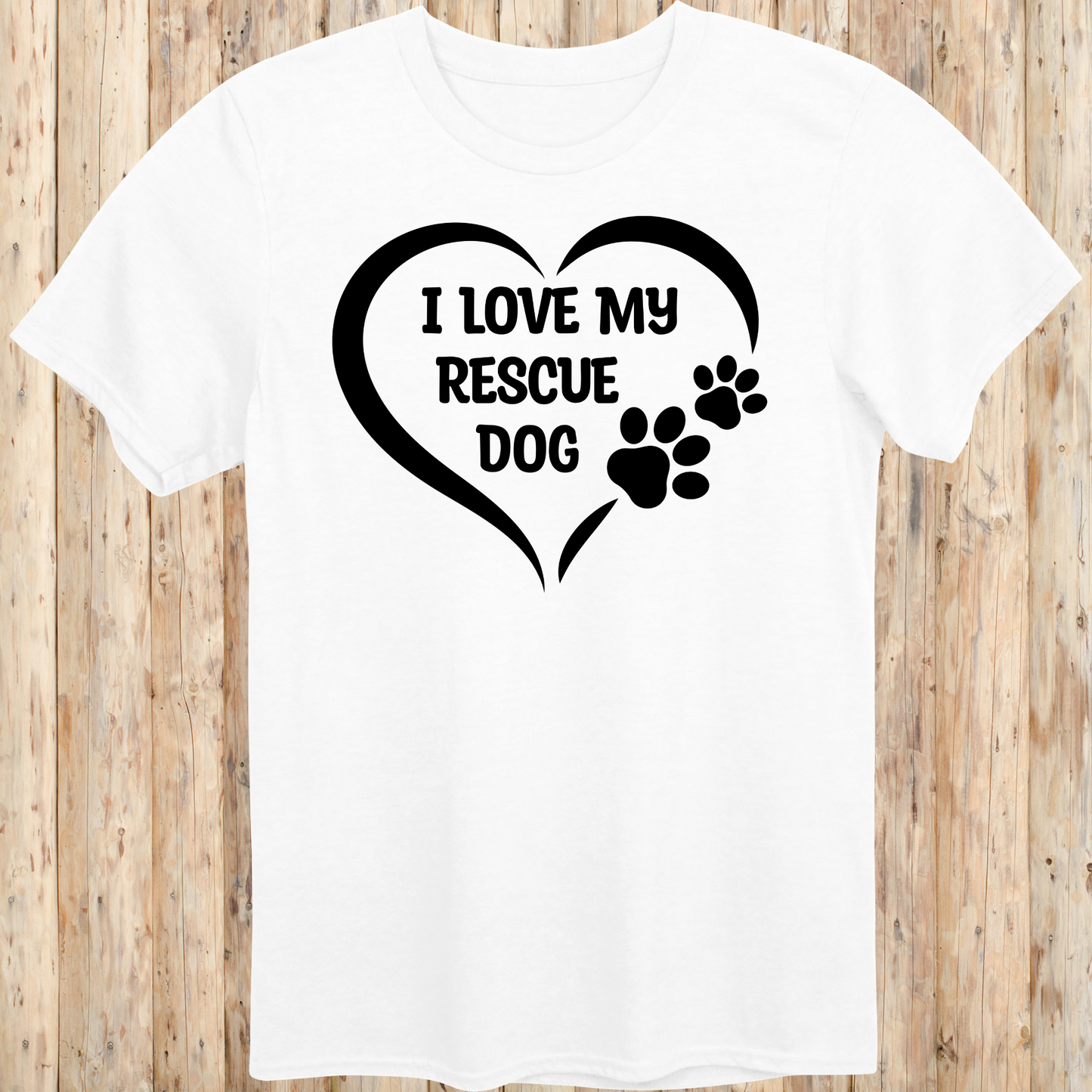 White unisex t-shirt with text that says 'I Love My Rescue Dog', perfect for dog adopters and rescue pet supporters