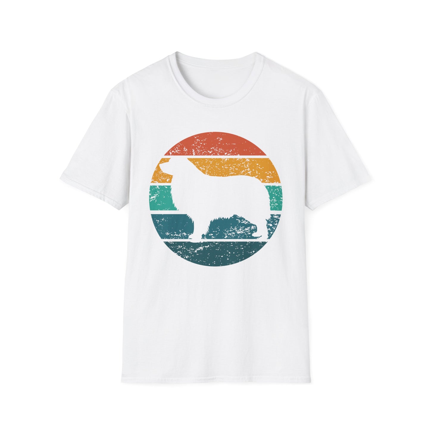 White unisex t-shirt with a retro sunset graphic and Australian Shepherd silhouette, ideal for Aussie dog owners and breed enthusiasts