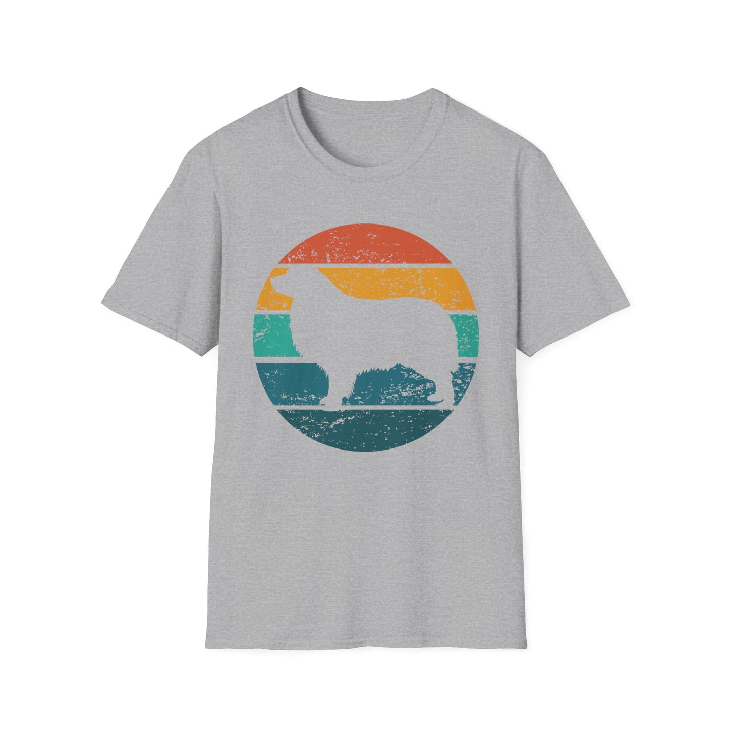 Sport grey unisex t-shirt with a retro sunset graphic and Australian Shepherd silhouette, ideal for Aussie dog owners and breed enthusiasts