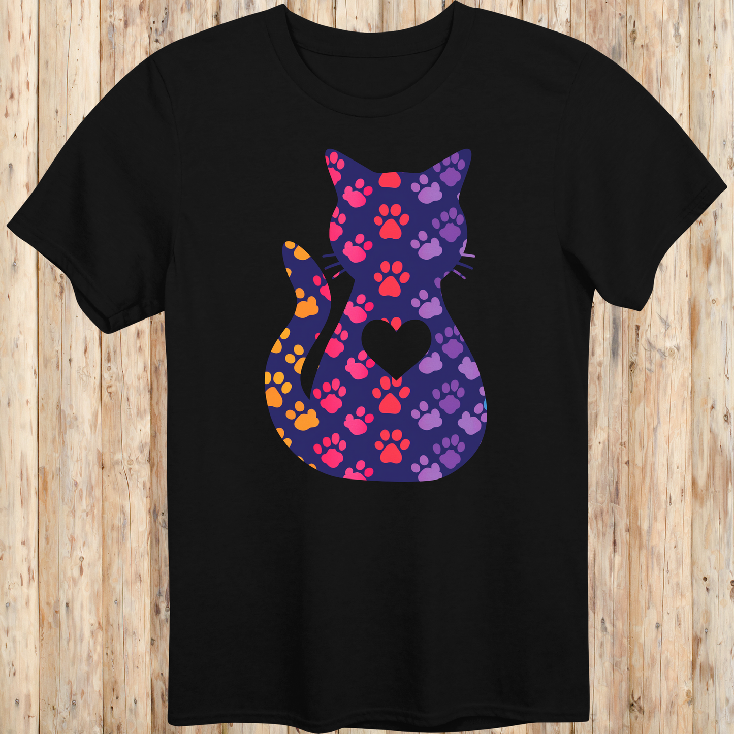 Colorful Cat Silhouette with Paw Prints T-Shirt
