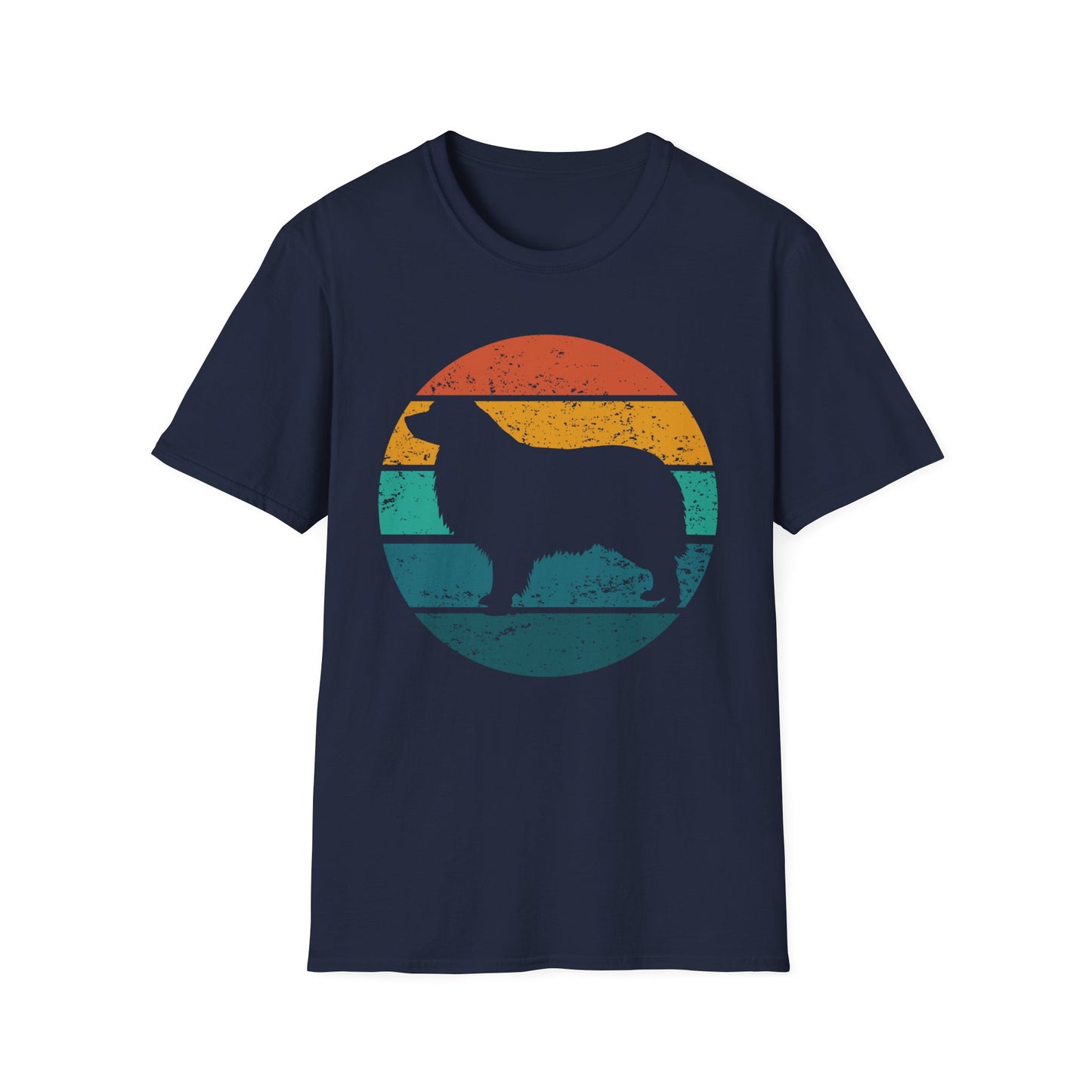 Navy blue unisex t-shirt with a retro sunset graphic and Australian Shepherd silhouette, ideal for Aussie dog owners and breed enthusiasts