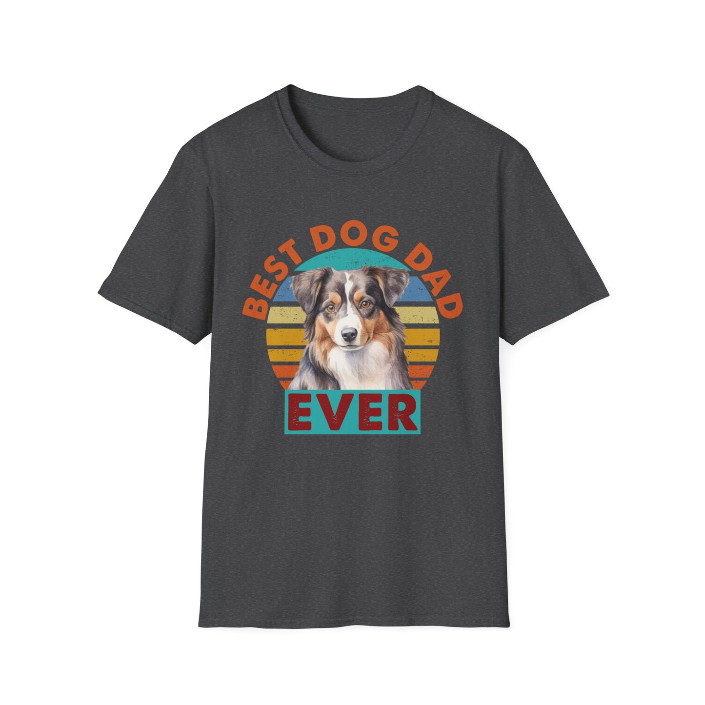 Dark heather unisex t-shirt with text that says 'Best Dog Dad Ever' and an Australian Shepherd graphic, ideal for Aussie dog dads and pet lovers