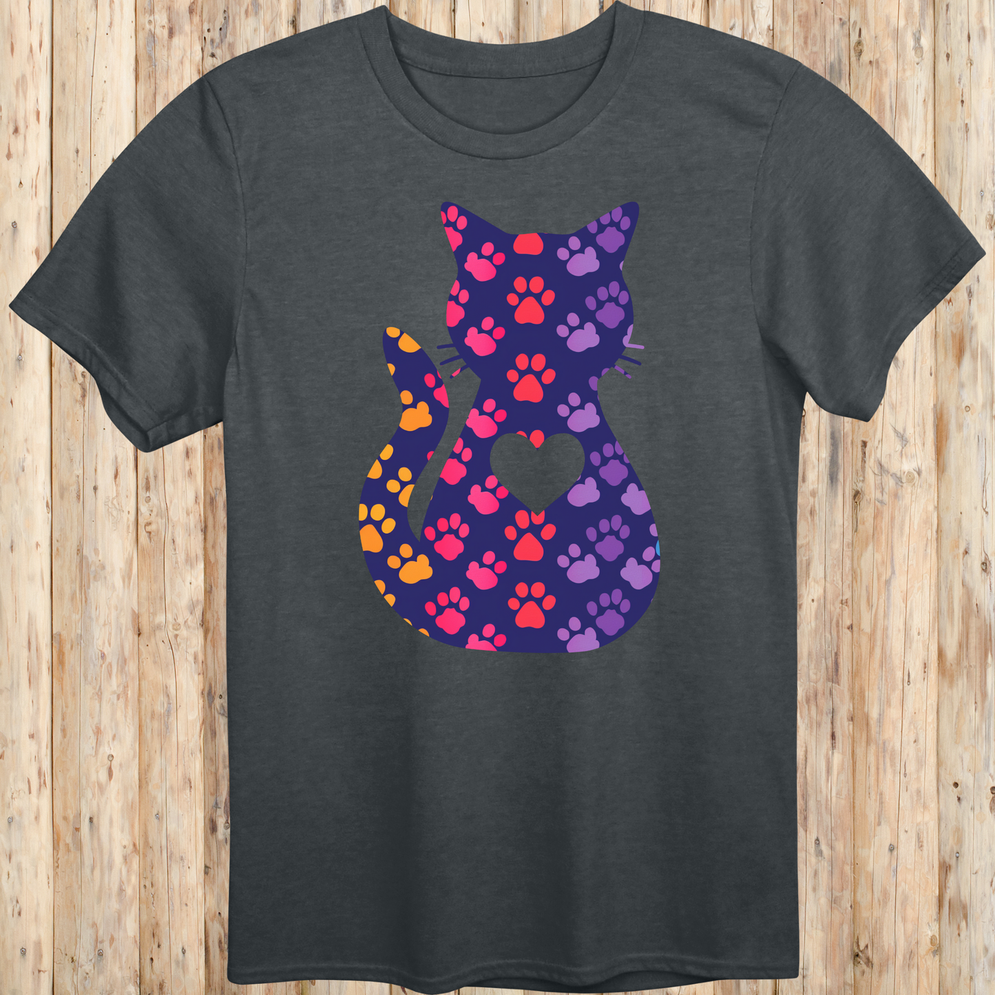 Colorful Cat Silhouette with Paw Prints T-Shirt