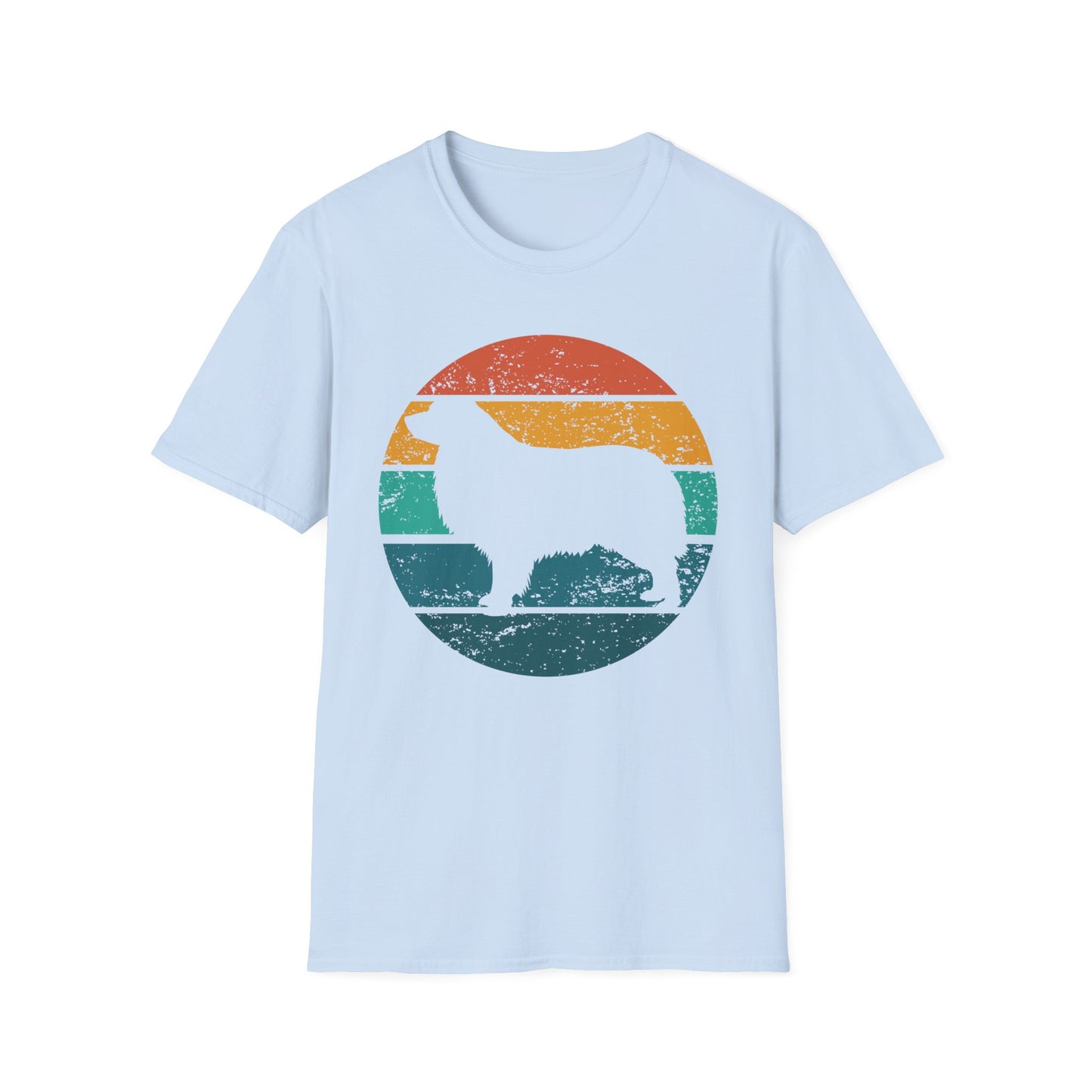Light blue unisex t-shirt with a retro sunset graphic and Australian Shepherd silhouette, ideal for Aussie dog owners and breed enthusiasts
