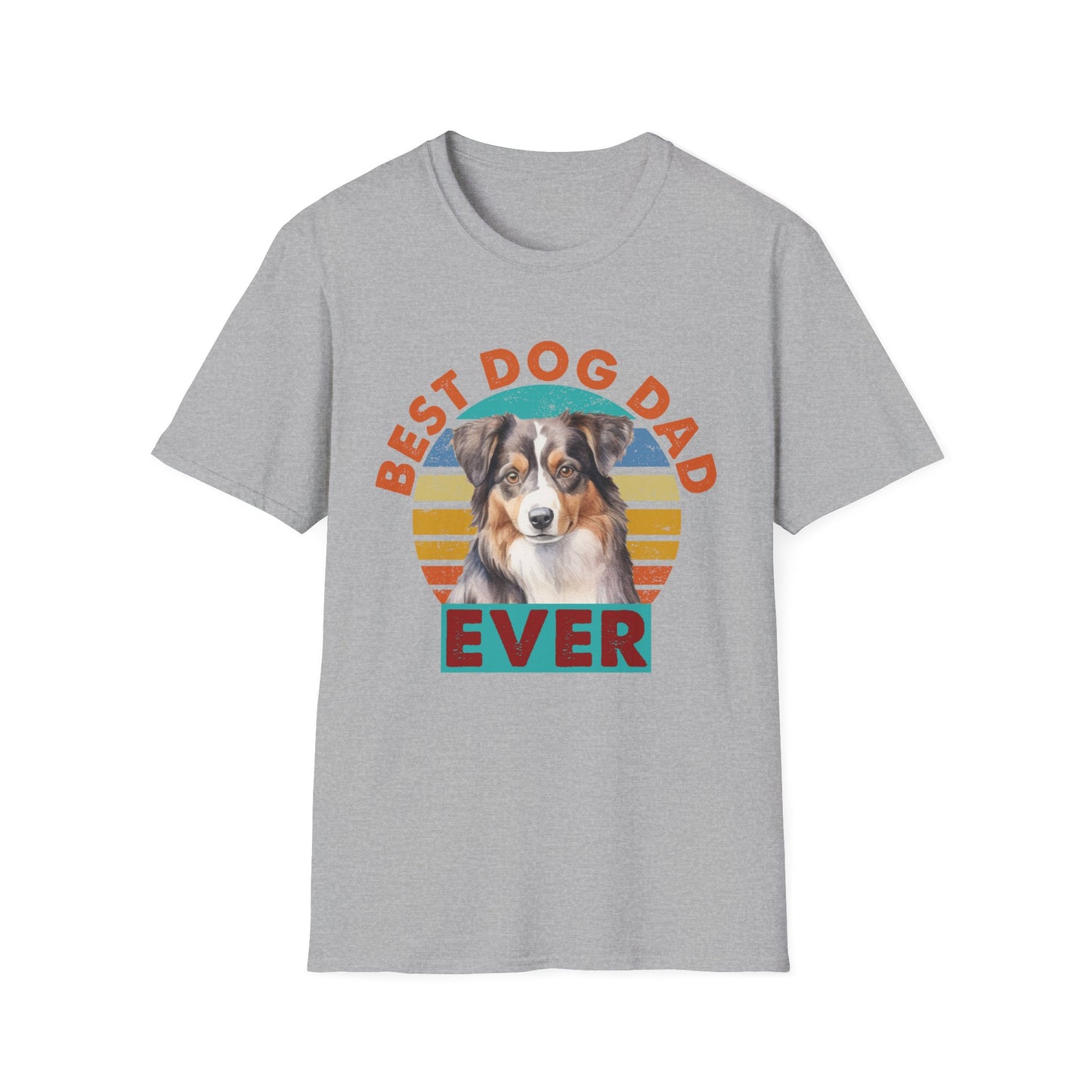 Sport grey unisex t-shirt with text that says 'Best Dog Dad Ever' and an Australian Shepherd graphic, ideal for Aussie dog dads and pet lovers