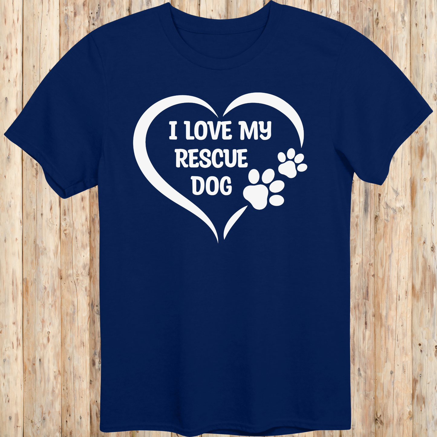 Navy blue unisex t-shirt with text that says 'I Love My Rescue Dog', perfect for dog adopters and rescue pet supporters