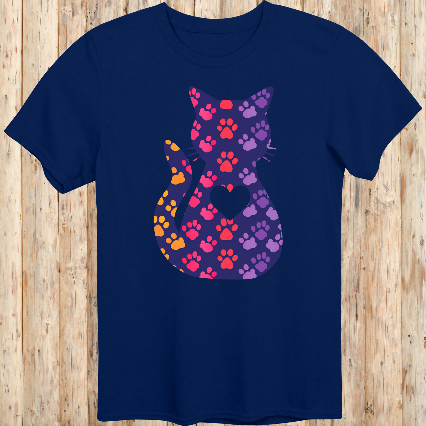 Colorful Cat Silhouette with Paw Prints T-Shirt