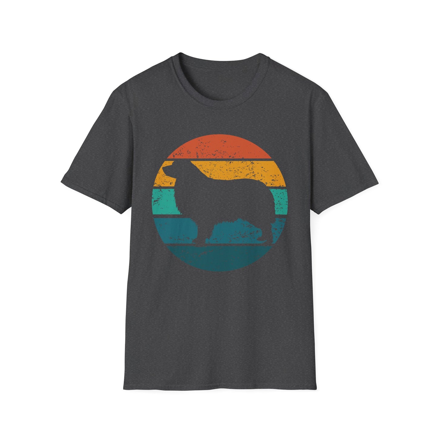 Dark heather unisex t-shirt with a retro sunset graphic and Australian Shepherd silhouette, ideal for Aussie dog owners and breed enthusiasts