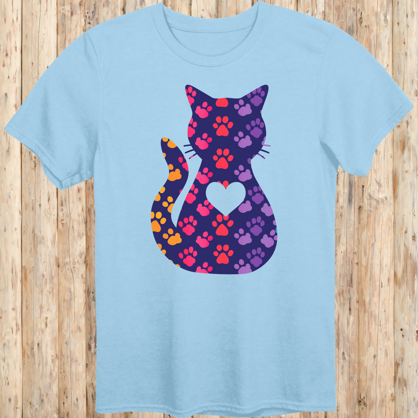 Colorful Cat Silhouette with Paw Prints T-Shirt