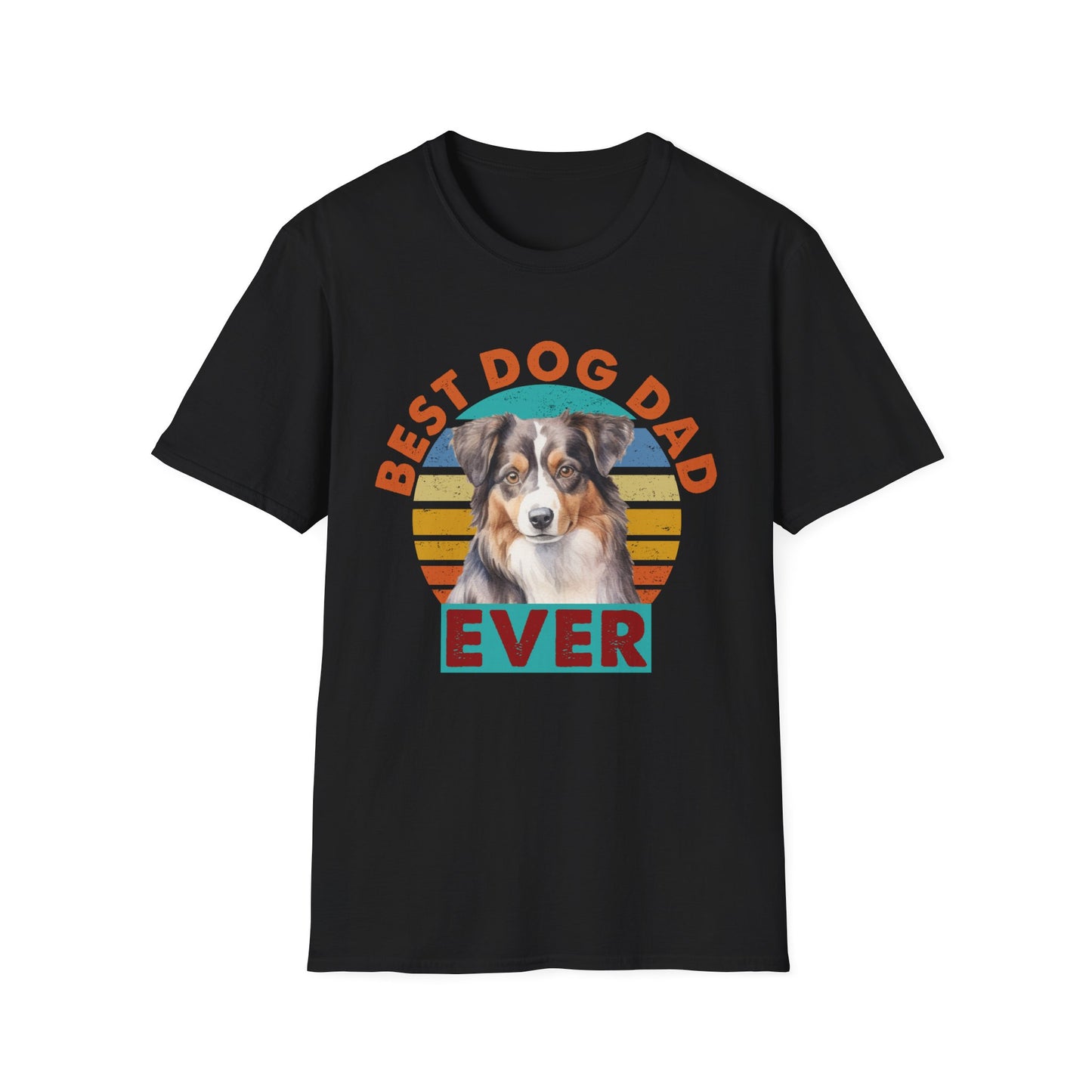 Black unisex t-shirt with text that says 'Best Dog Dad Ever' and an Australian Shepherd graphic, ideal for Aussie dog dads and pet lovers