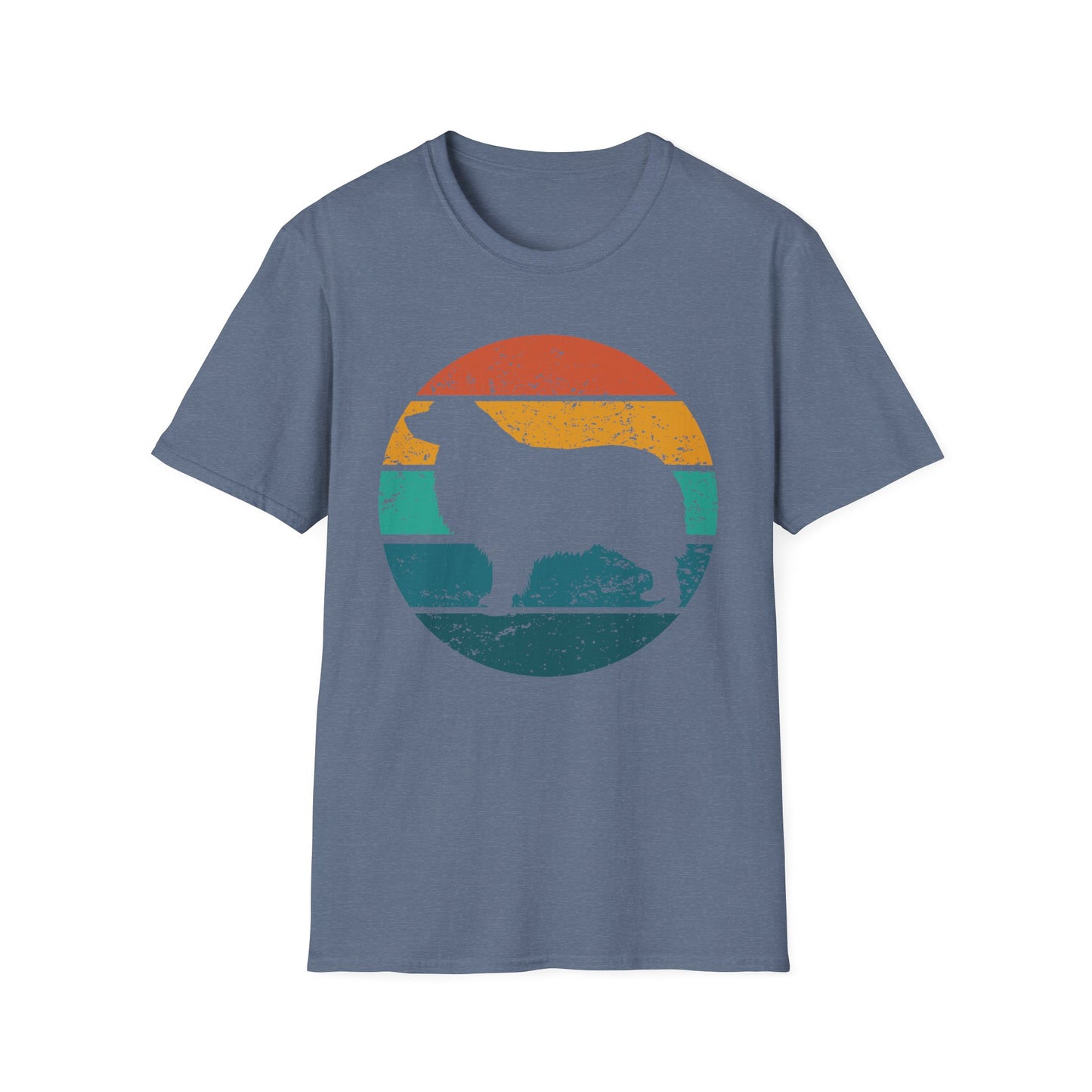 Heather indigo unisex t-shirt with a retro sunset graphic and Australian Shepherd silhouette, ideal for Aussie dog owners and breed enthusiasts