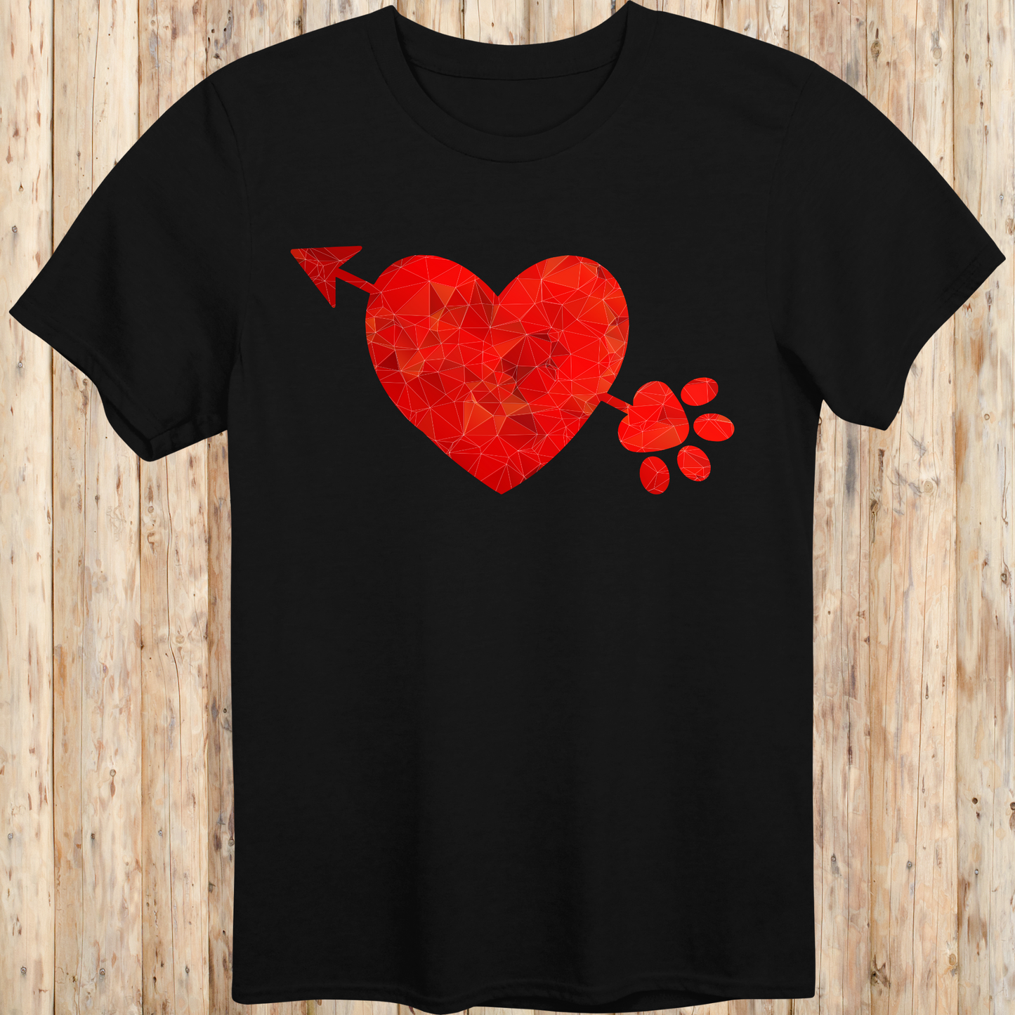 Black unisex t-shirt with a heart, arrow, and paw print graphic design, ideal for dog lovers and pet parents