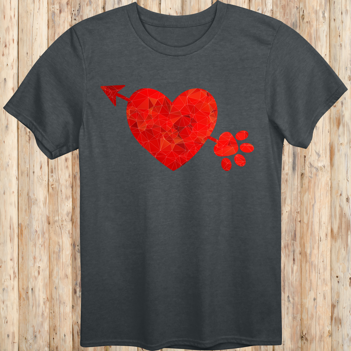 Dark heather unisex t-shirt with a heart, arrow, and paw print graphic design, ideal for dog lovers and pet parents