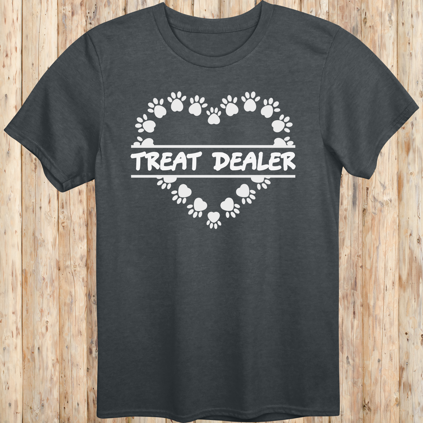 Dark heather unisex t-shirt with text that says 'Treat Dealer', designed for dog lovers, pet parents, and dog trainers