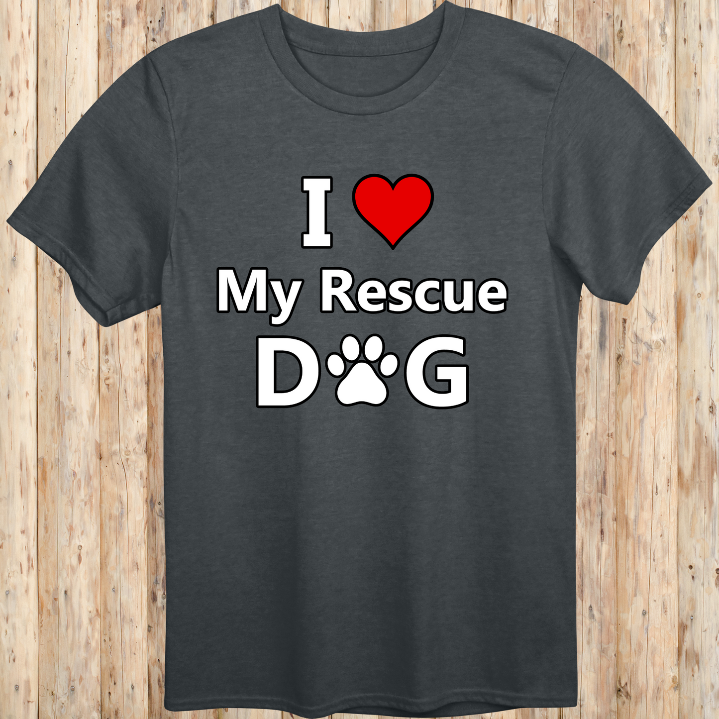 A dark heather unisex T-shirt featuring bold, easy-to-read text that says "I Love My Rescue Dog." The design is simple yet eye-catching, emphasizing the love and appreciation for rescue dogs. The shirt has a casual, stylish fit, making it perfect for everyday wear by dog lovers and advocates of pet adoption.