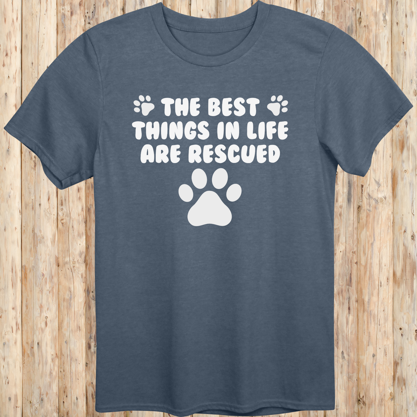 Heather indigo unisex t-shirt with text that reads 'The Best Things in Life Are Rescued', ideal for rescue dog owners and pet adopters