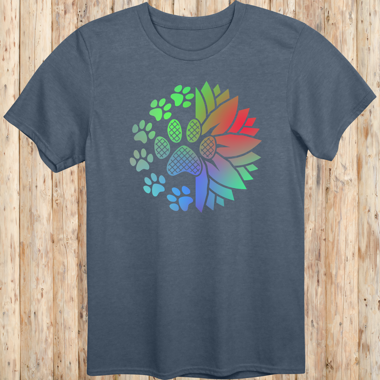 Unisex Heather Indigo T-shirt Sunflower Paw Prints for Dog Owners Men Women