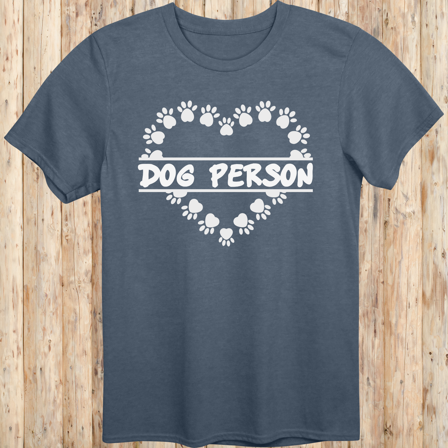 Heather indigo unisex t-shirt with text that reads 'Dog Person', perfect for dog lovers and pet owners