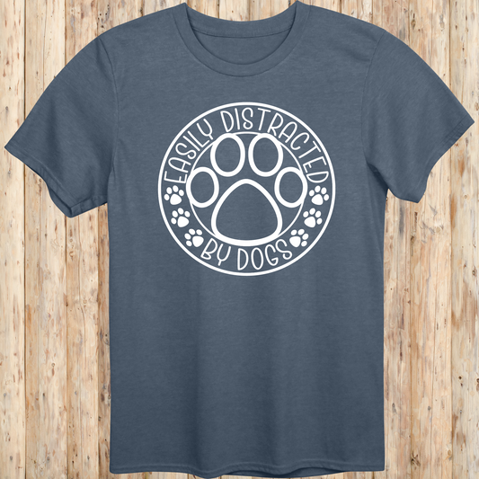 Unisex Heather Indigo T-shirt Easily Distracted By Dogs for Dog Owners Men Women