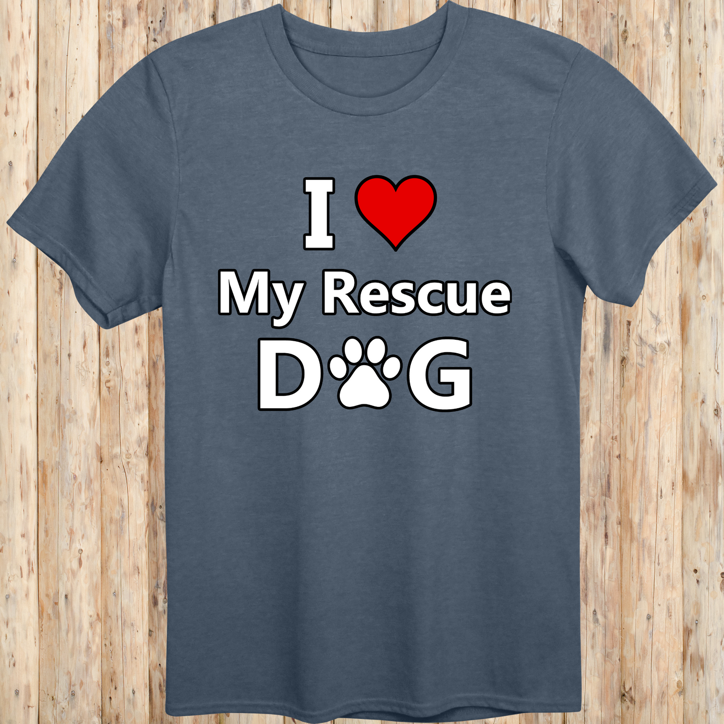 A heather indigo unisex T-shirt featuring bold, easy-to-read text that says "I Love My Rescue Dog." The design is simple yet eye-catching, emphasizing the love and appreciation for rescue dogs. The shirt has a casual, stylish fit, making it perfect for everyday wear by dog lovers and advocates of pet adoption.