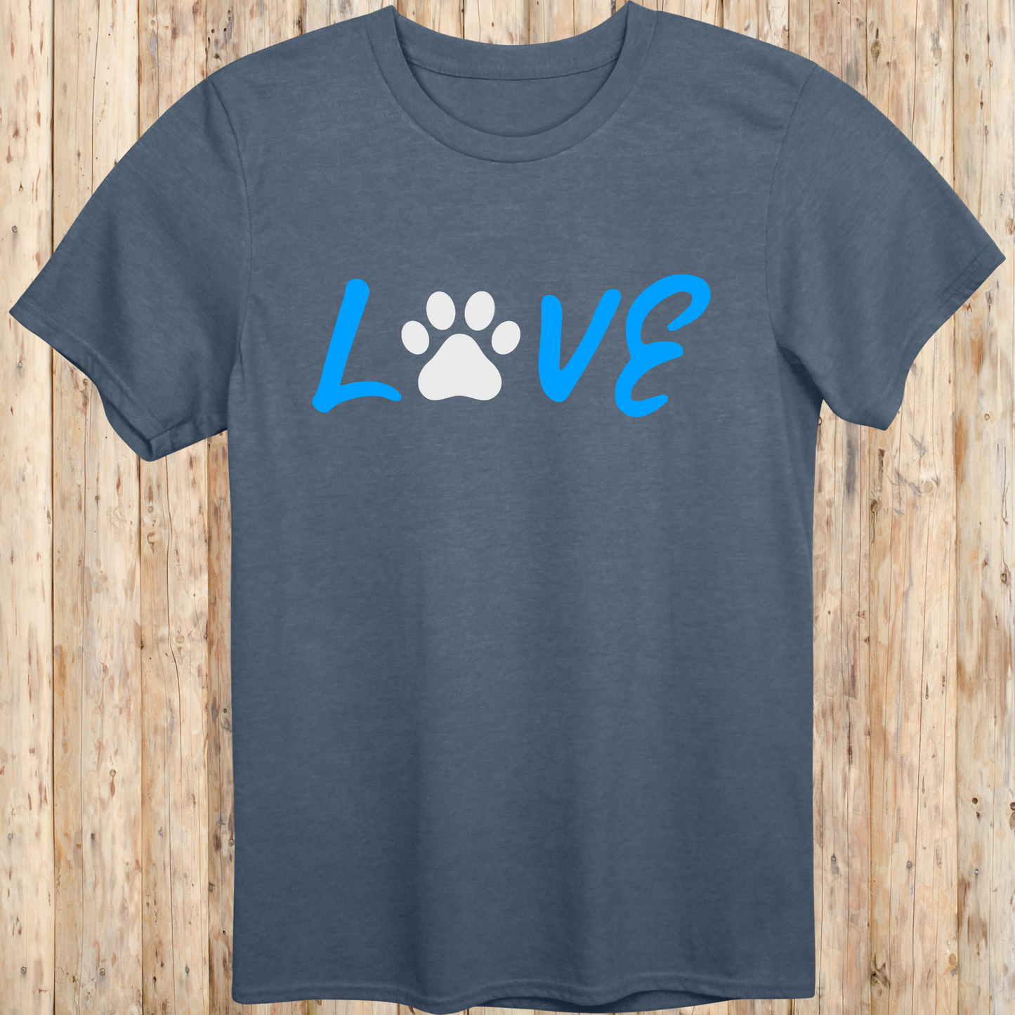 Heather indigo unisex t-shirt with the word 'LOVE' in bold letters, featuring a paw print as the 'O', ideal for dog lovers