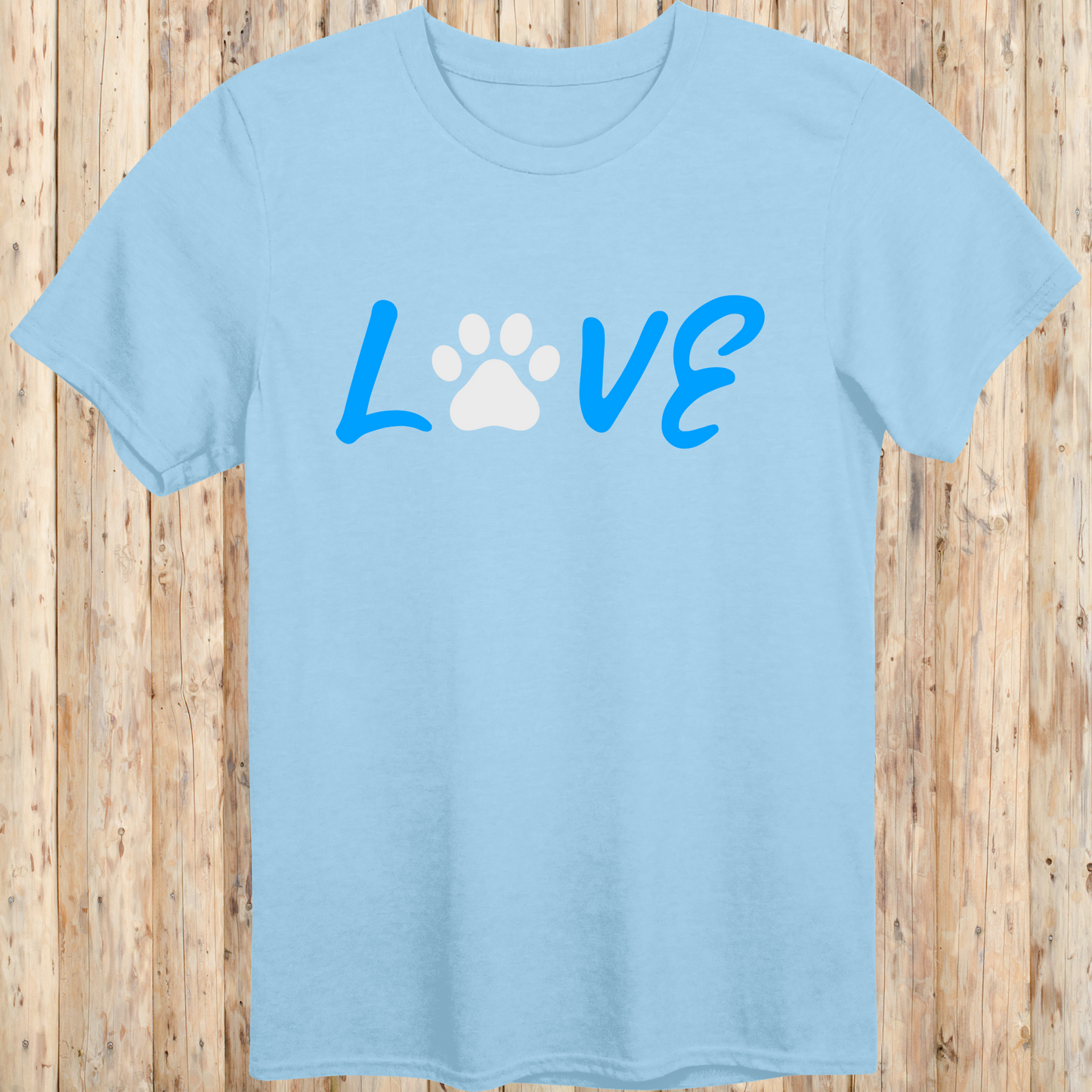Light blue unisex t-shirt with the word 'LOVE' in bold letters, featuring a paw print as the 'O', ideal for dog lovers