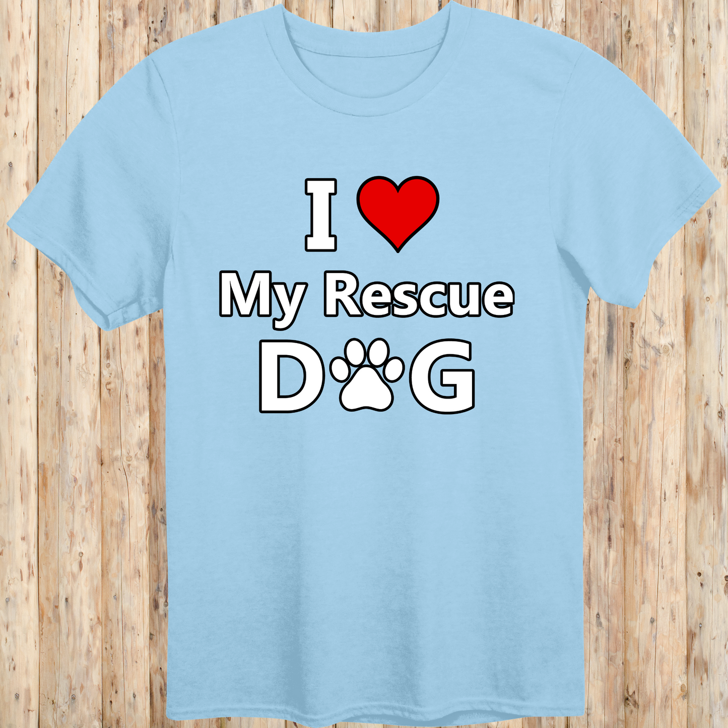 A light blue unisex T-shirt featuring bold, easy-to-read text that says "I Love My Rescue Dog." The design is simple yet eye-catching, emphasizing the love and appreciation for rescue dogs. The shirt has a casual, stylish fit, making it perfect for everyday wear by dog lovers and advocates of pet adoption.