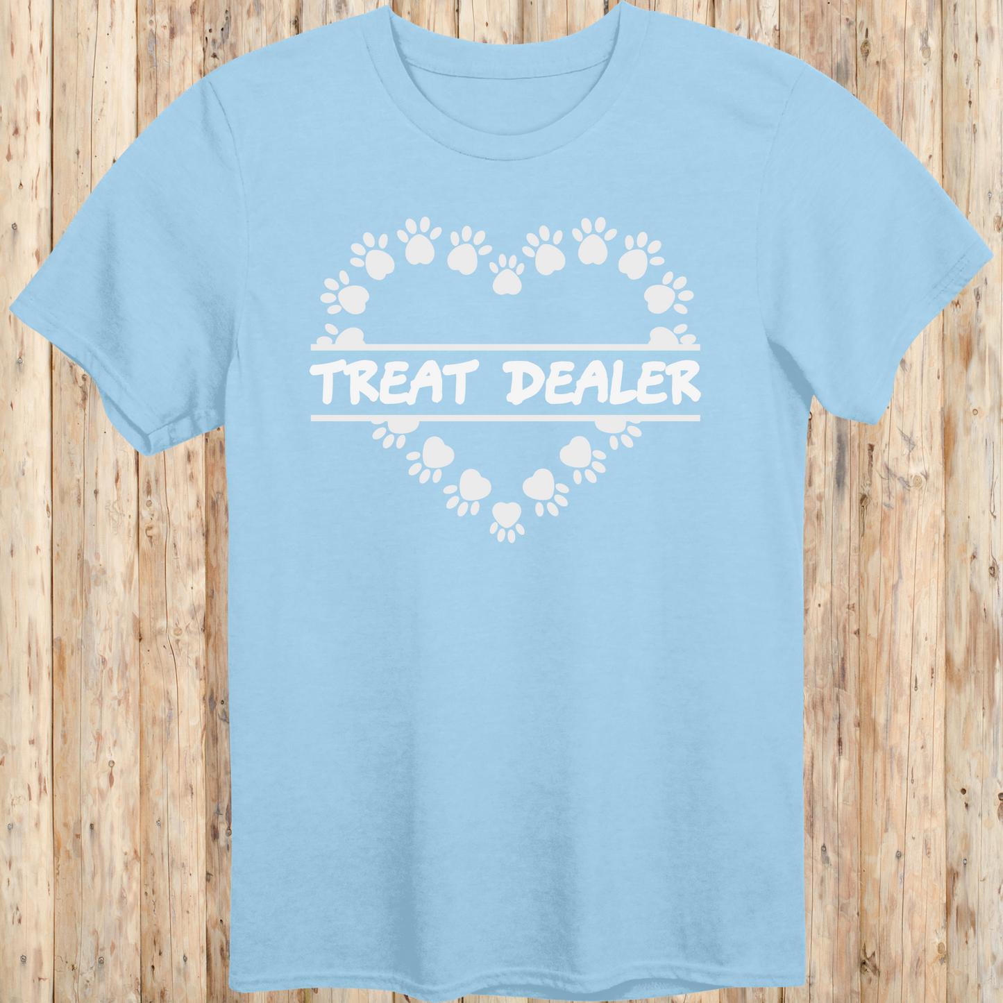 Light blue unisex t-shirt with text that says 'Treat Dealer', designed for dog lovers, pet parents, and dog trainers