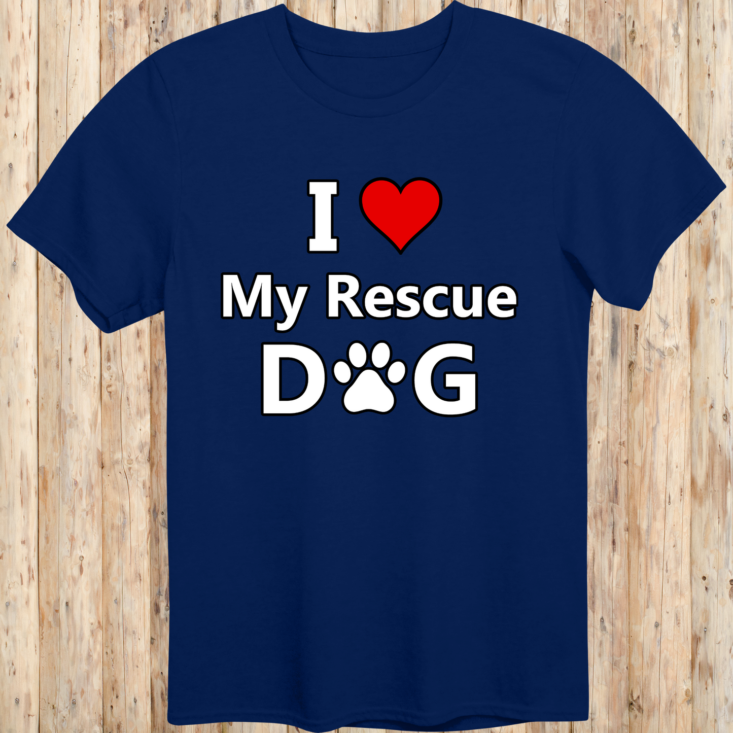 A navy blue unisex T-shirt featuring bold, easy-to-read text that says "I Love My Rescue Dog." The design is simple yet eye-catching, emphasizing the love and appreciation for rescue dogs. The shirt has a casual, stylish fit, making it perfect for everyday wear by dog lovers and advocates of pet adoption.