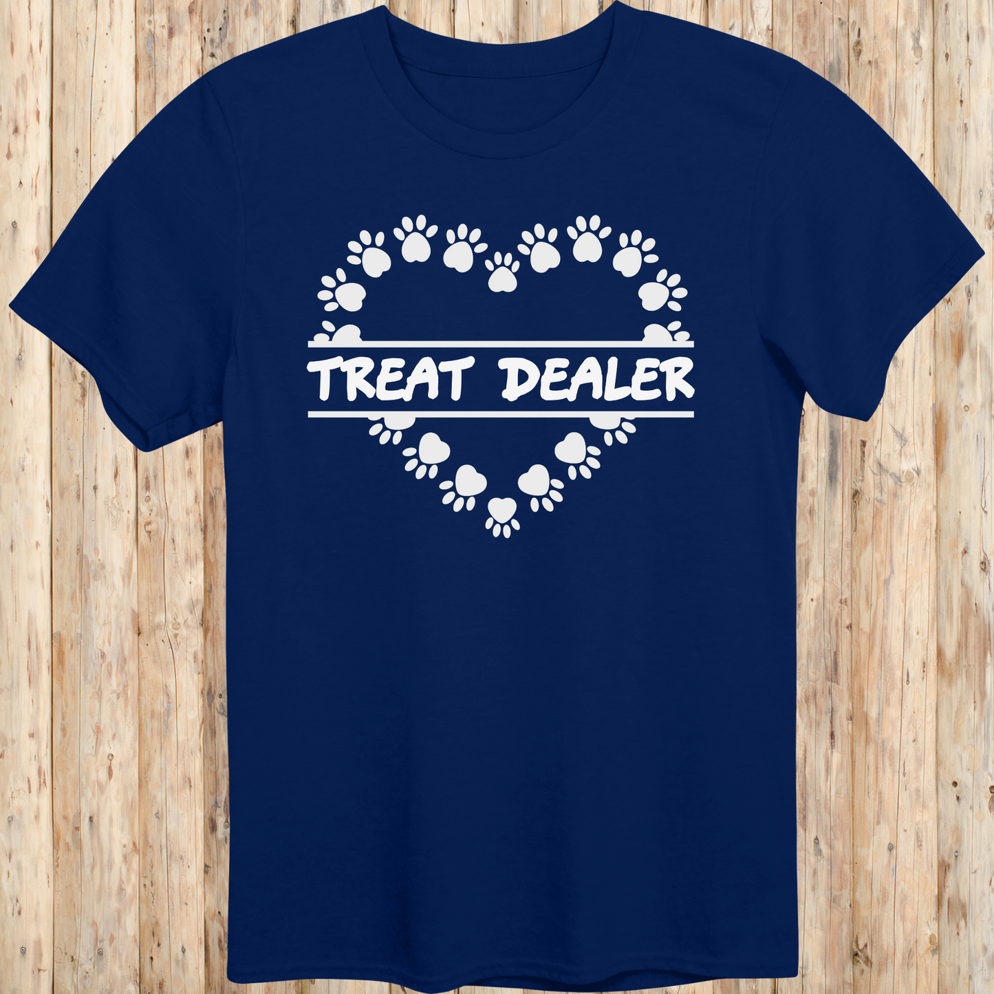 Navy blue unisex t-shirt with text that says 'Treat Dealer', designed for dog lovers, pet parents, and dog trainers