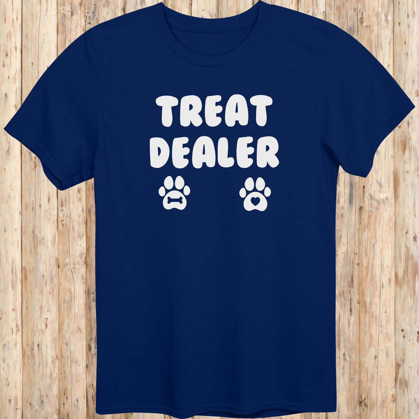 Navy blue unisex t-shirt for men and women says Treat Dealer and has 2 paw prints.