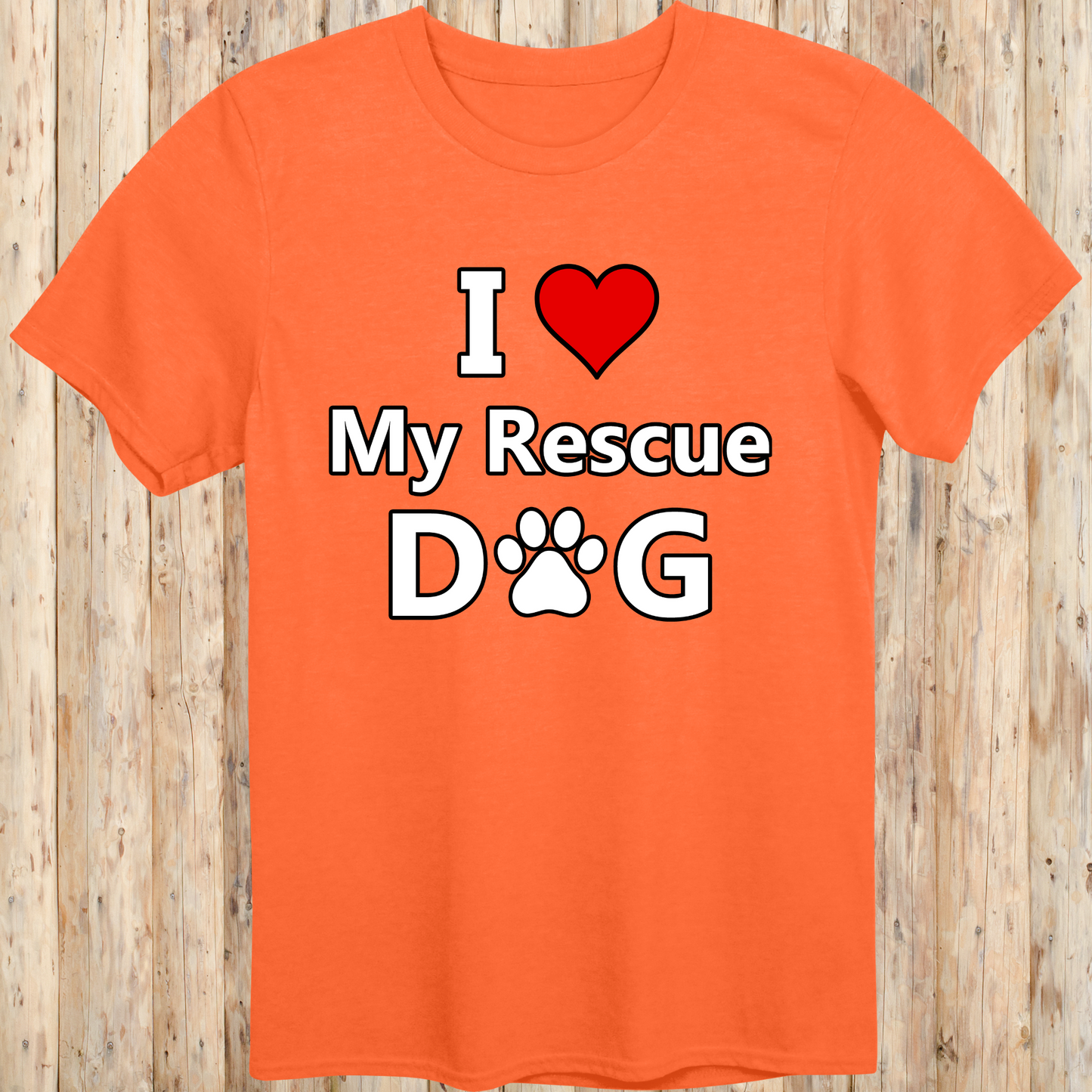 An orange unisex T-shirt featuring bold, easy-to-read text that says "I Love My Rescue Dog." The design is simple yet eye-catching, emphasizing the love and appreciation for rescue dogs. The shirt has a casual, stylish fit, making it perfect for everyday wear by dog lovers and advocates of pet adoption.