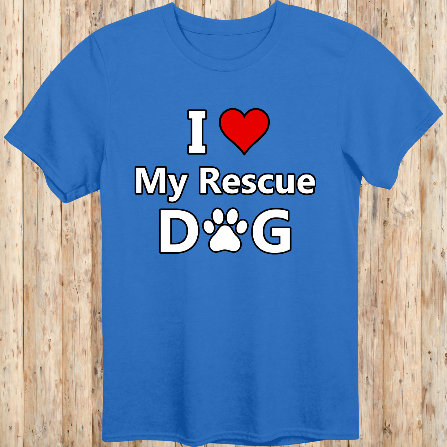 A royal blue unisex T-shirt featuring bold, easy-to-read text that says "I Love My Rescue Dog." The design is simple yet eye-catching, emphasizing the love and appreciation for rescue dogs. The shirt has a casual, stylish fit, making it perfect for everyday wear by dog lovers and advocates of pet adoption.