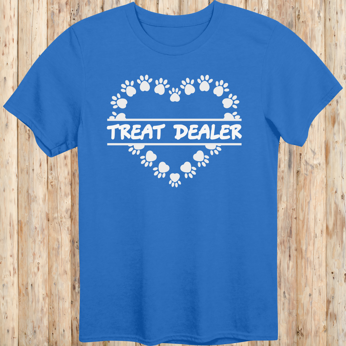 Royal blue unisex t-shirt with text that says 'Treat Dealer', designed for dog lovers, pet parents, and dog trainers