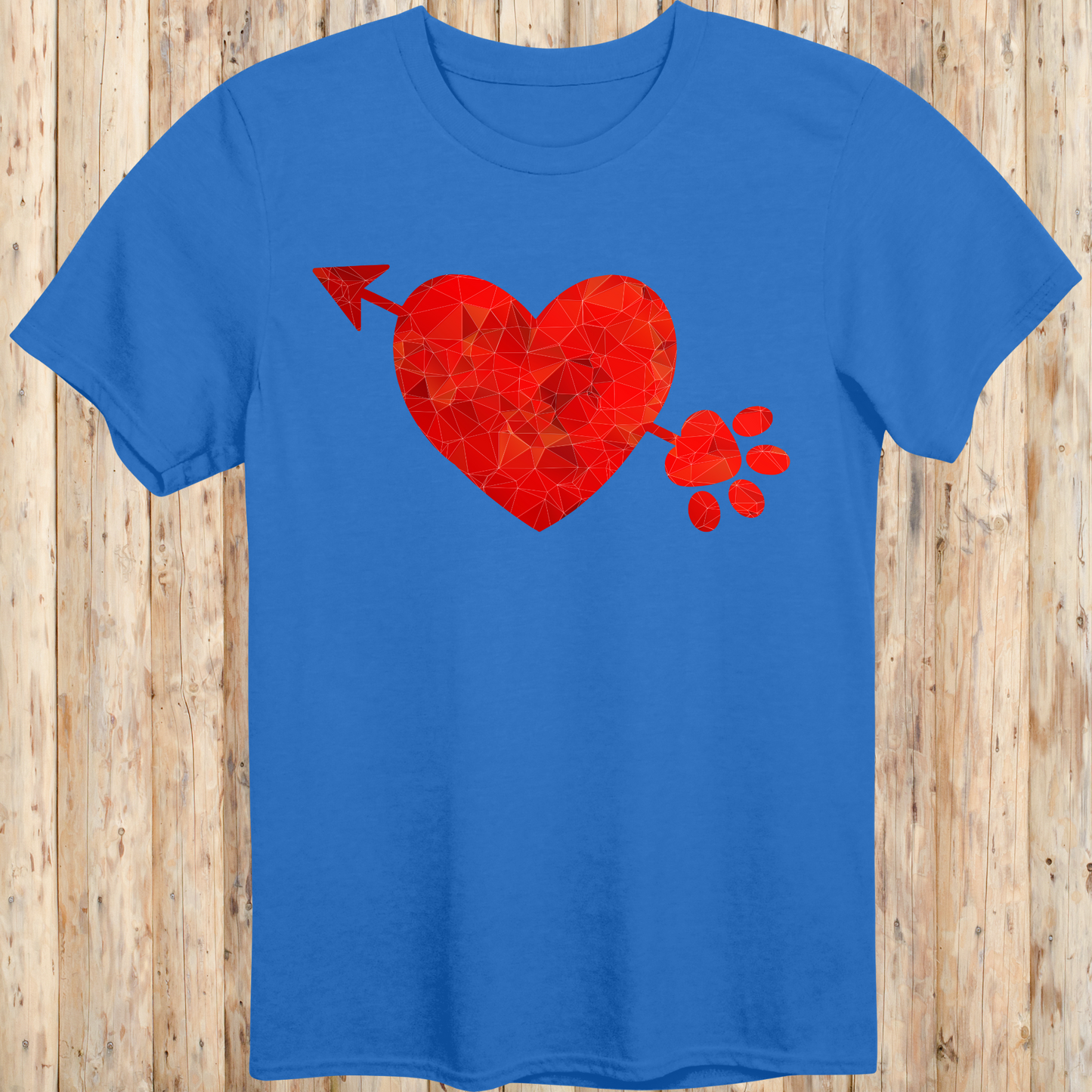 Royal blue unisex t-shirt with a heart, arrow, and paw print graphic design, ideal for dog lovers and pet parents