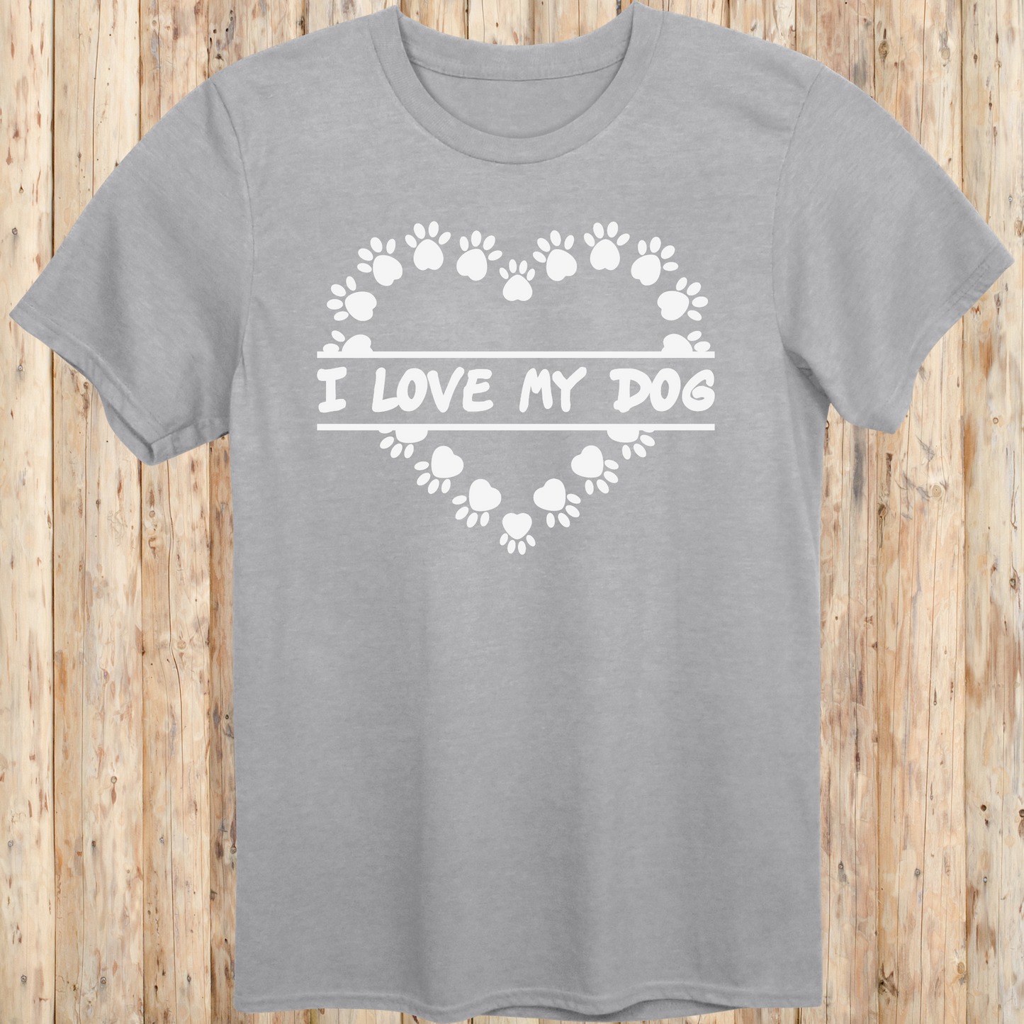 Sport grey unisex t-shirt with text that says 'I Love My Dog', perfect for dog lovers and pet owners