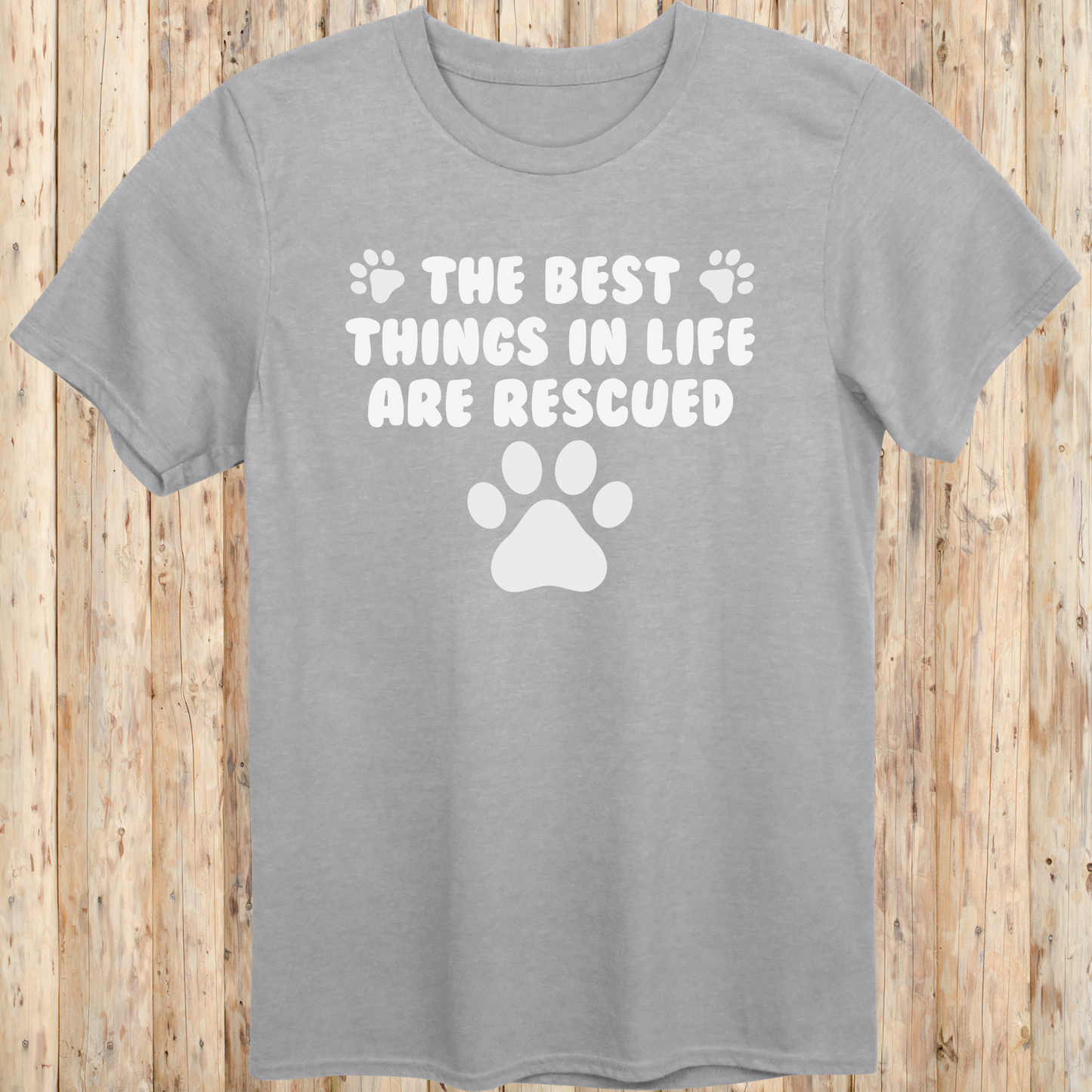 Sport grey unisex t-shirt with text that reads 'The Best Things in Life Are Rescued', ideal for rescue dog owners and pet adopters