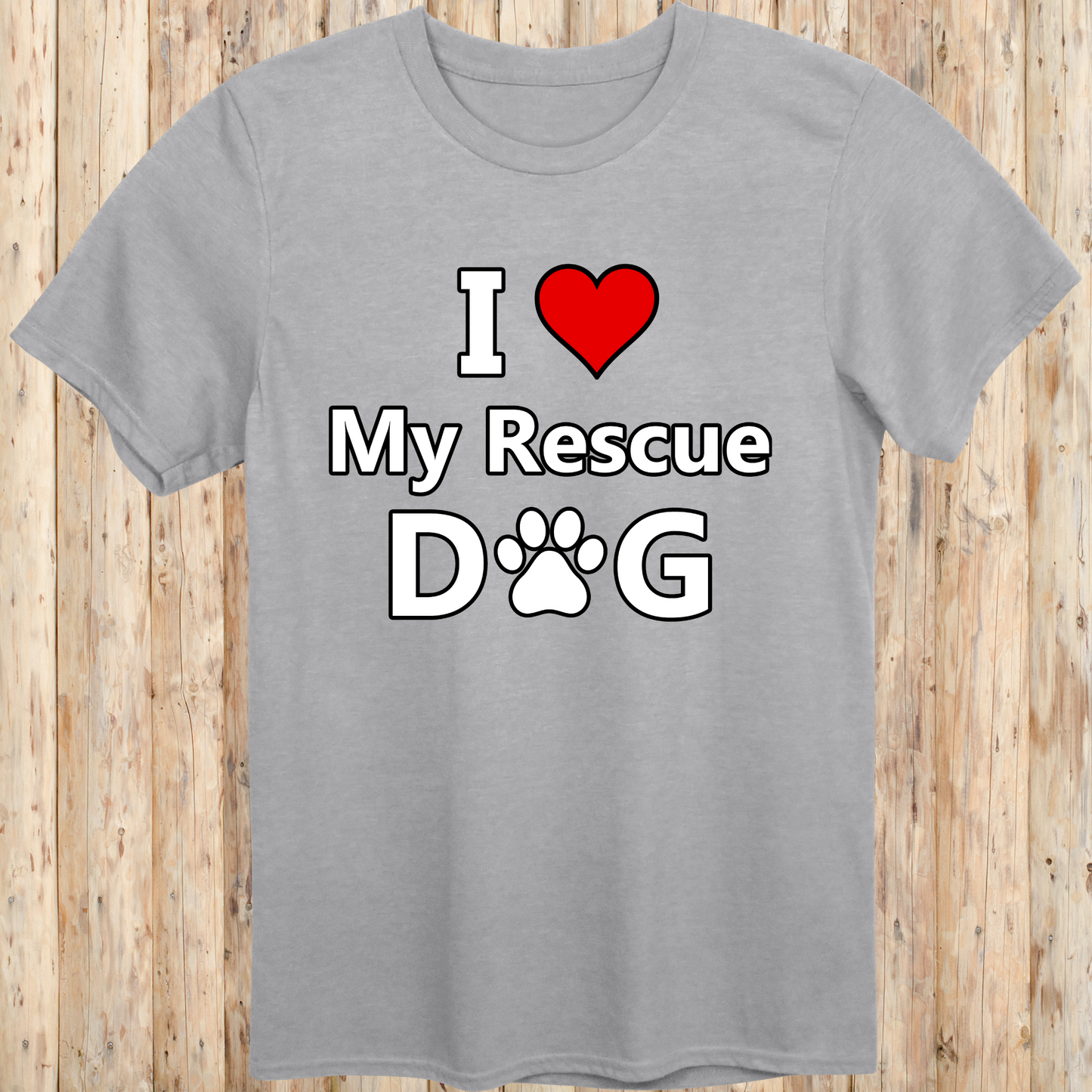 A sport grey unisex T-shirt featuring bold, easy-to-read text that says "I Love My Rescue Dog." The design is simple yet eye-catching, emphasizing the love and appreciation for rescue dogs. The shirt has a casual, stylish fit, making it perfect for everyday wear by dog lovers and advocates of pet adoption.
