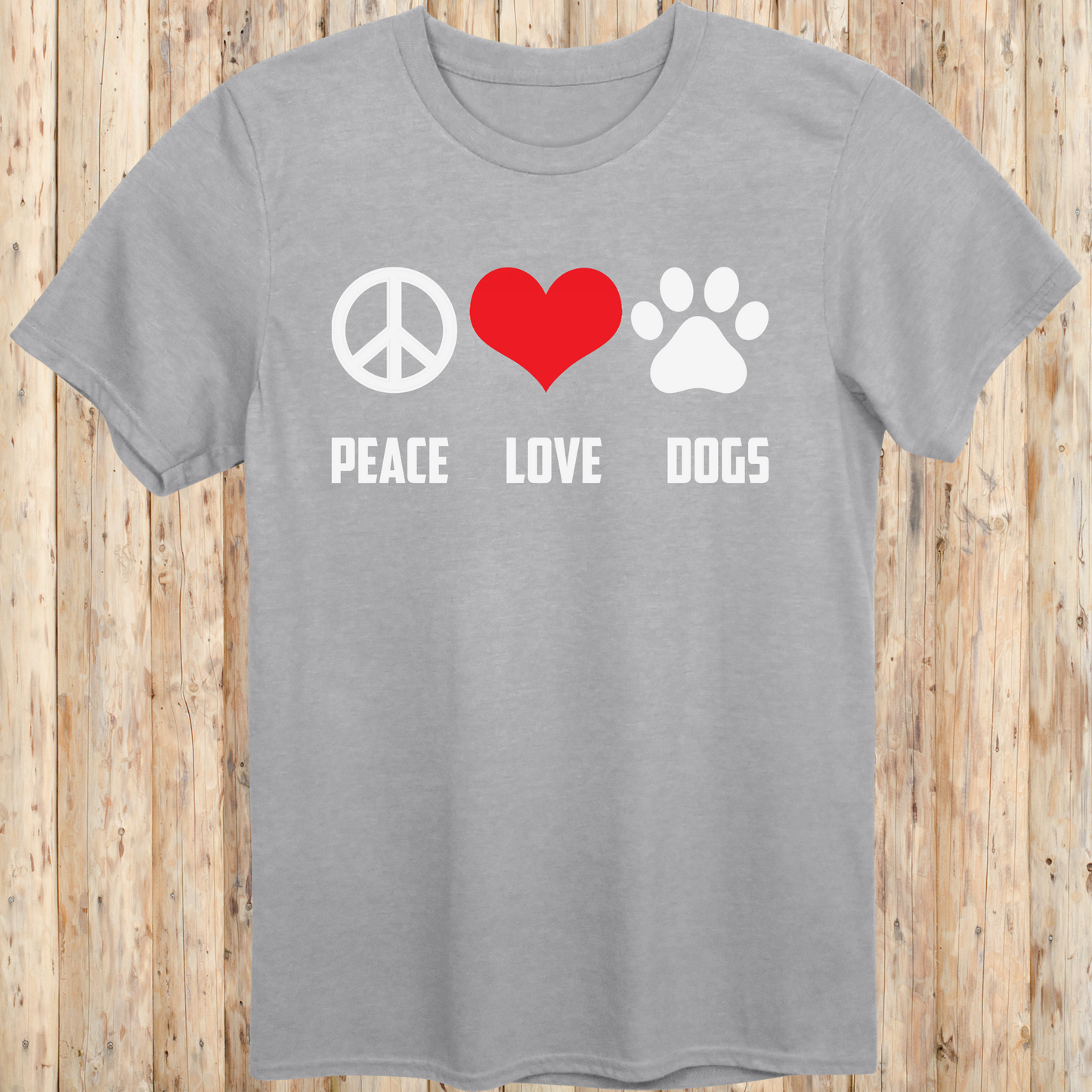 Sport grey unisex t-shirt with peace sign, heart, and paw print icons and the text 'Peace Love Dogs', perfect for animal lovers