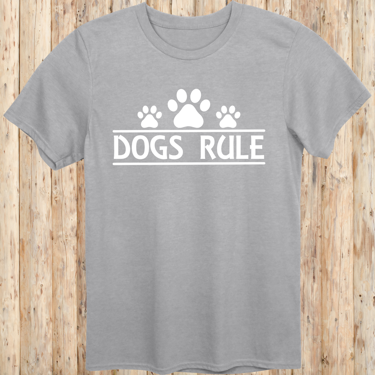 Sport grey unisex t-shirt with text that says 'Dogs Rule', ideal for dog lovers and pet enthusiasts