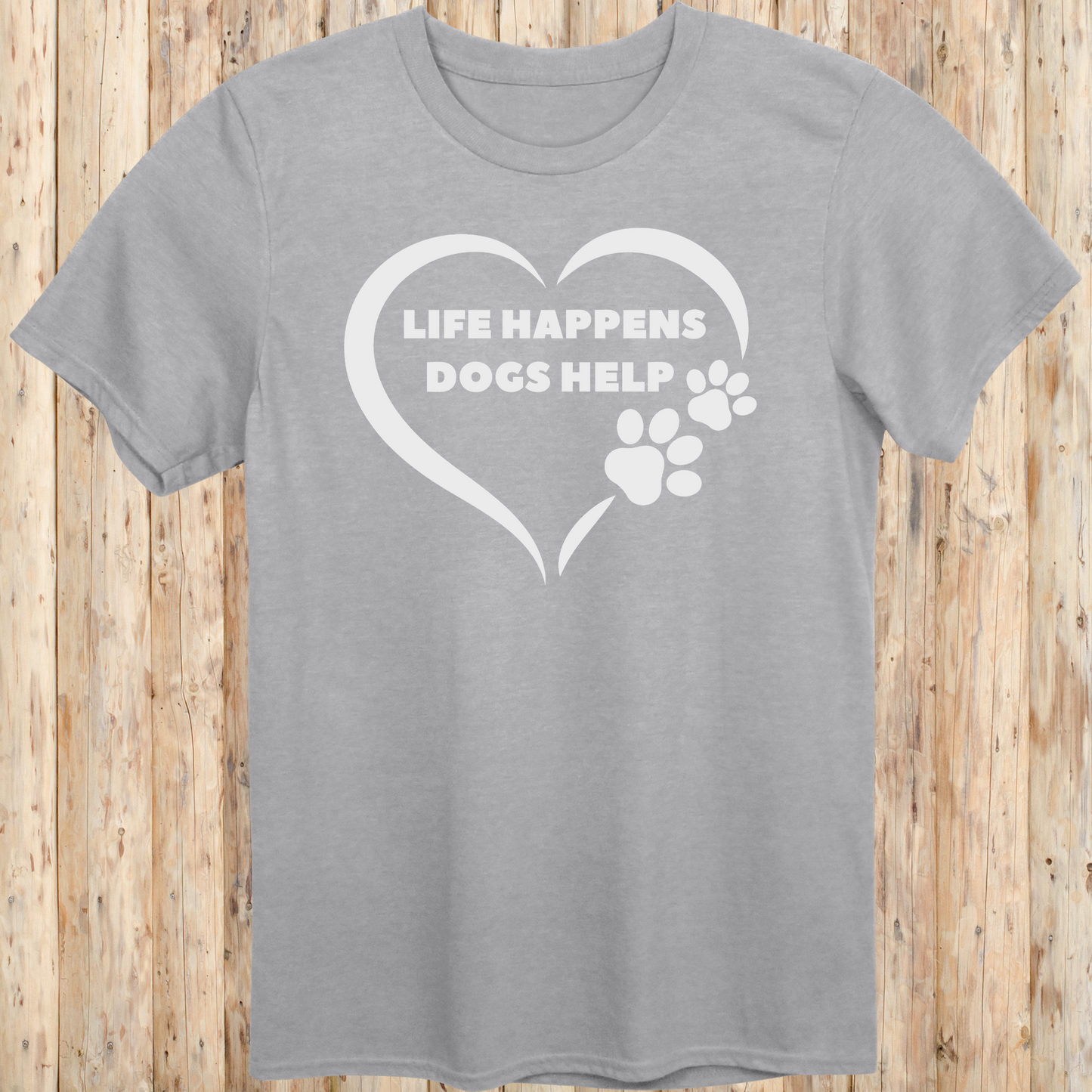 Sport grey unisex t-shirt for dog lovers with text that reads 'Life Happens, Dogs Help'