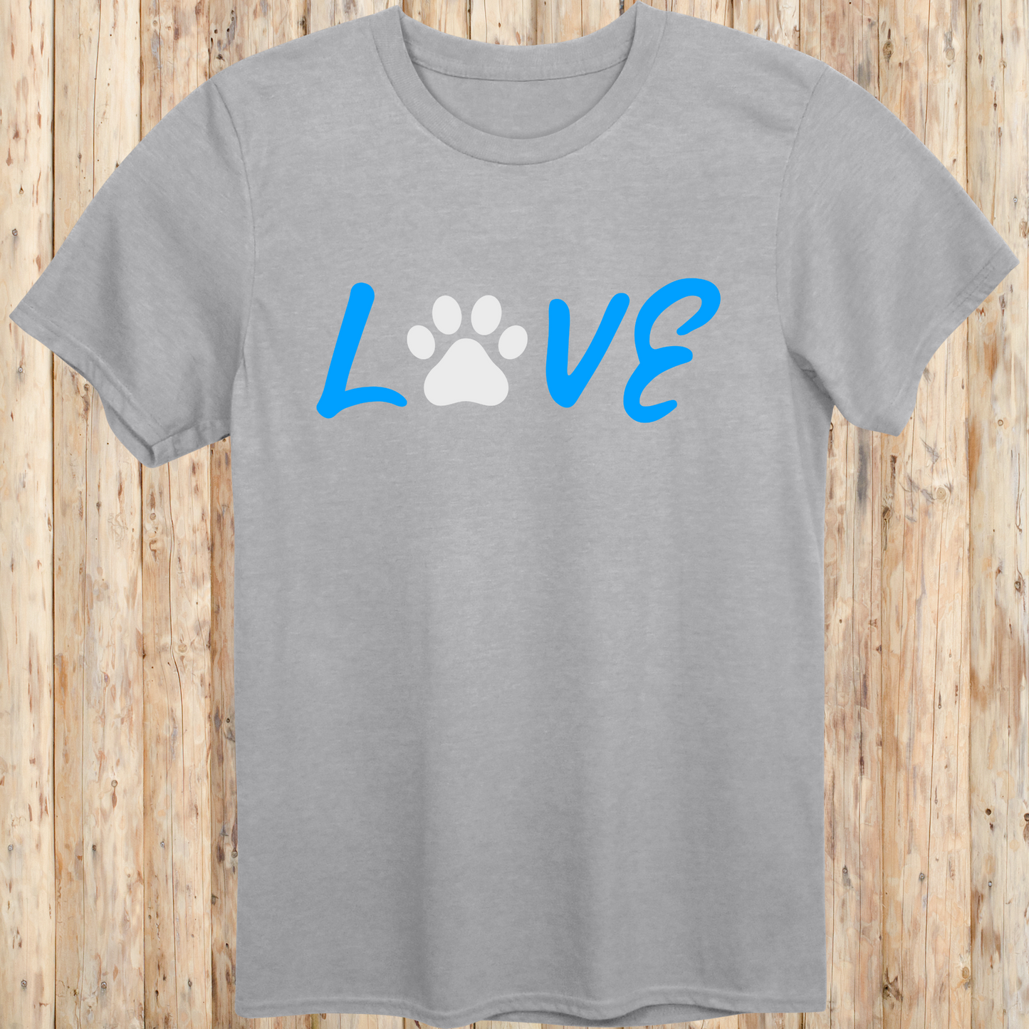 Sport grey unisex t-shirt with the word 'LOVE' in bold letters, featuring a paw print as the 'O', ideal for dog lovers