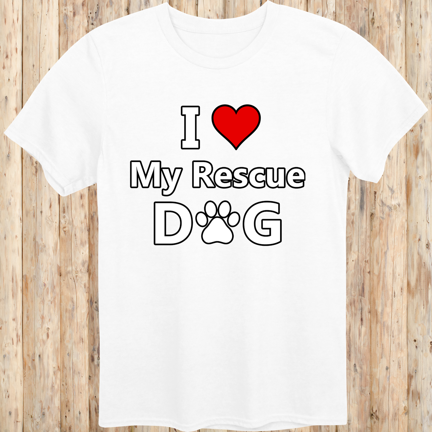 A white unisex T-shirt featuring bold, easy-to-read text that says "I Love My Rescue Dog." The design is simple yet eye-catching, emphasizing the love and appreciation for rescue dogs. The shirt has a casual, stylish fit, making it perfect for everyday wear by dog lovers and advocates of pet adoption.