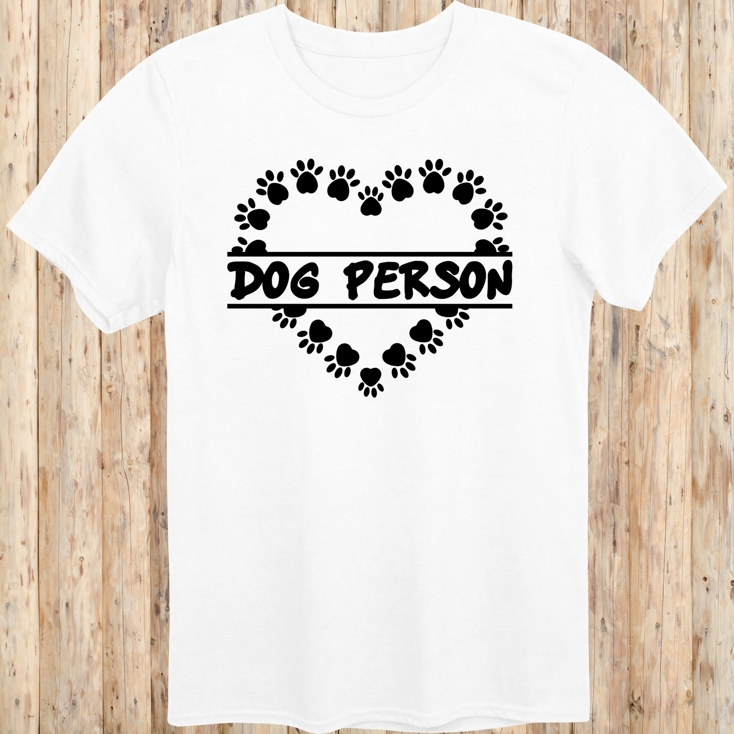 White unisex t-shirt with text that reads 'Dog Person', perfect for dog lovers and pet owners
