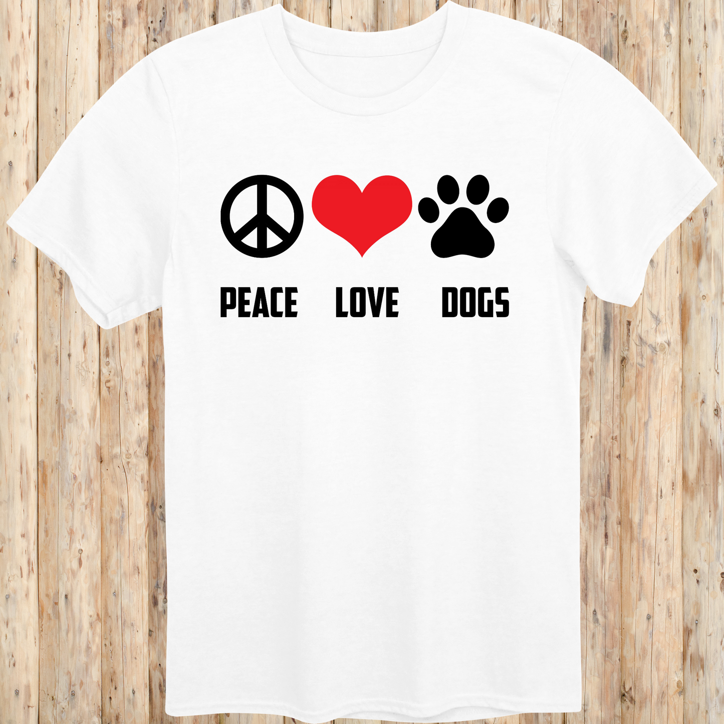 White unisex t-shirt with peace sign, heart, and paw print icons and the text 'Peace Love Dogs', perfect for animal lovers