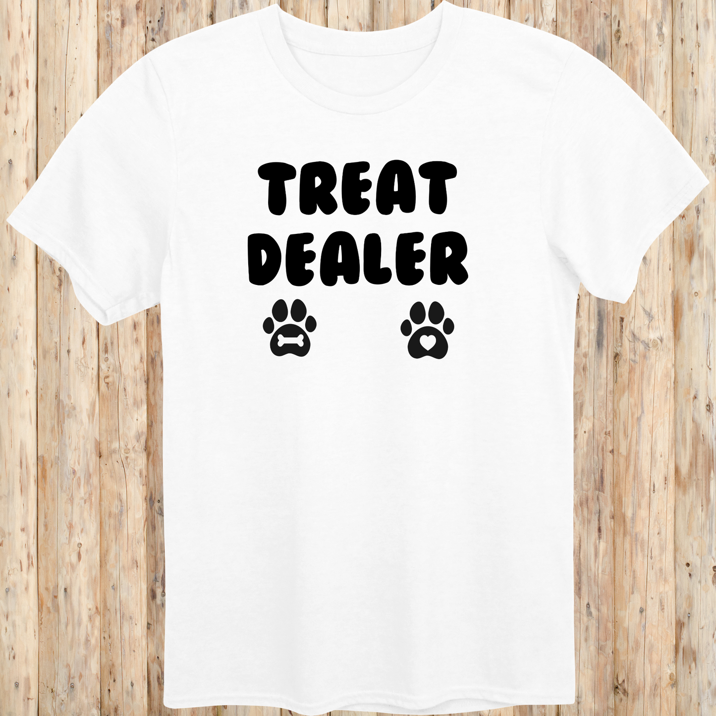White unisex t-shirt for men and women says Treat Dealer and has 2 paw prints.