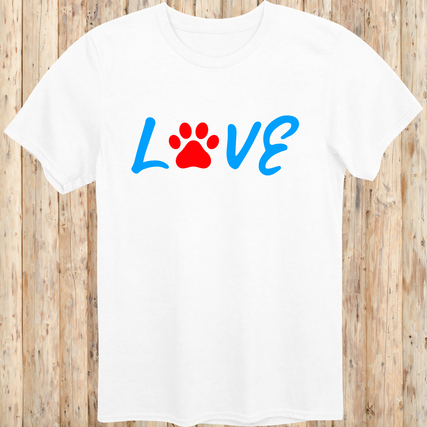 White unisex t-shirt with the word 'LOVE' in bold letters, featuring a paw print as the 'O', ideal for dog lovers
