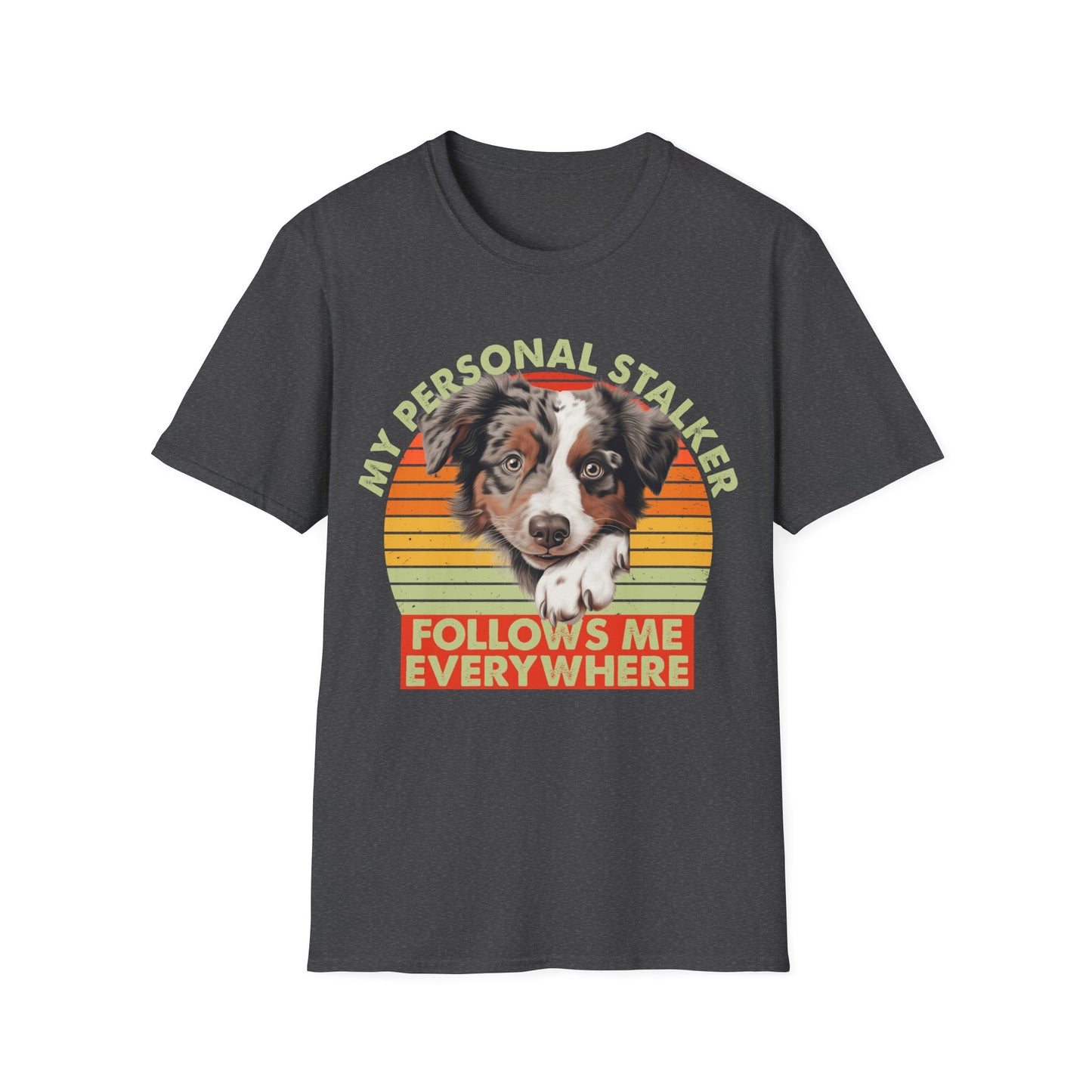 Dark heather unisex t-shirt Australian Shepherd with retro sunset and text that says 'My Personal Stalker Follows Me Everywhere', ideal for Aussie owners and dog lovers with Velcro dogs