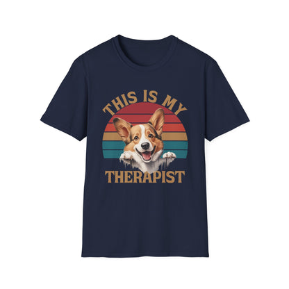 funny corgi navy blue t-shirt cardigan welsh pembroke retro vintage design Dog is my therapist